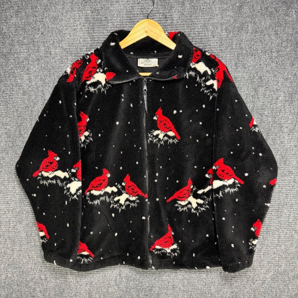 Black Mountain Outdoor Cardinal Fleece Jacket Black Red Bird Print Full Zip M